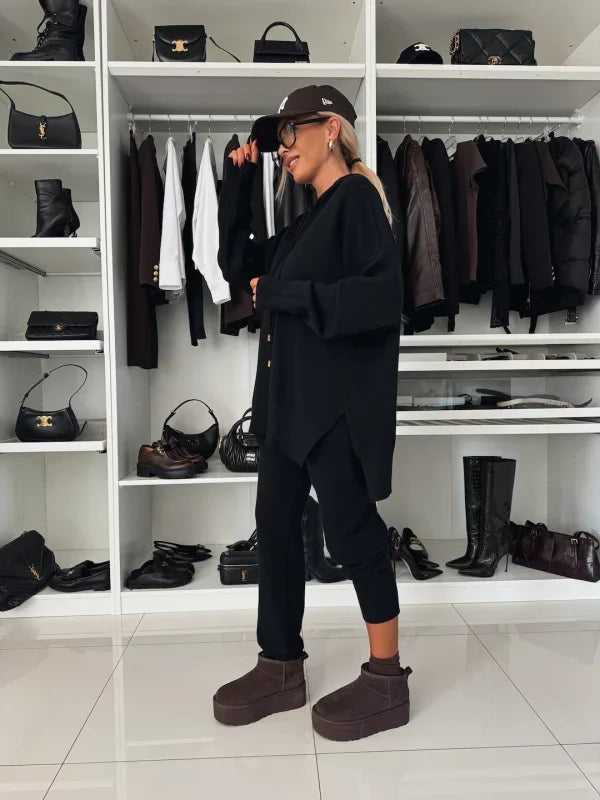 Evana | Dwuczęściowy komplet damski z długimi rękawami, kapturem i okrągłym dekoltem 